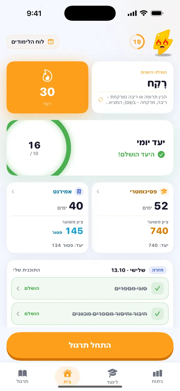 מסך הבית של Boost עם ציון פסיכומטרי צפוי וציון אמירנט, רצף ויעד יומי